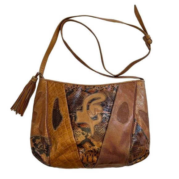 Sharif Patchwork Exotic Crossbody Vintage 80s Reptile Snakeskin Bag Made in USA - Picture 1 of 10
